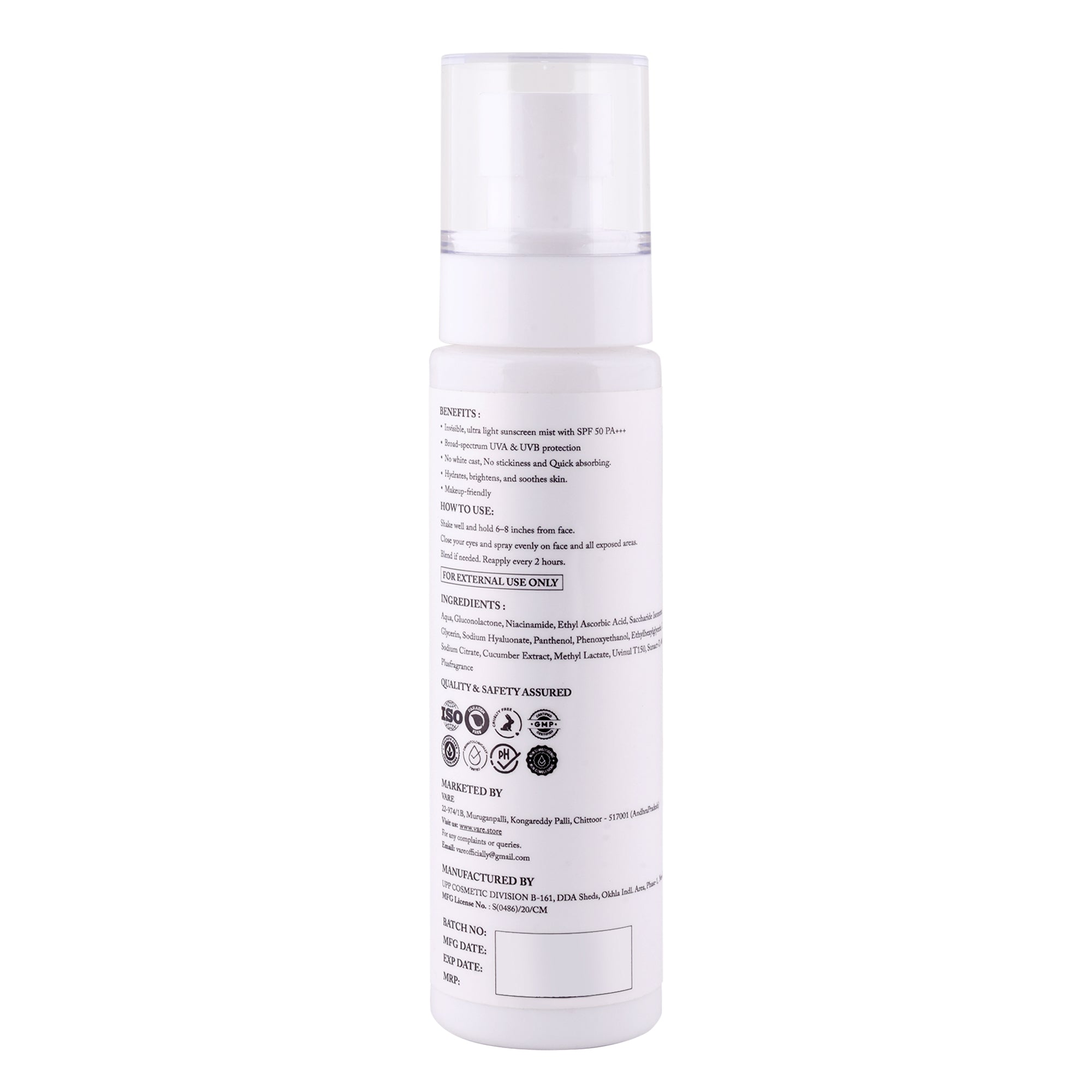 Vare Sunscreen Spray SPF 50 | UVA |UVB | PA+++ - VARÉ
